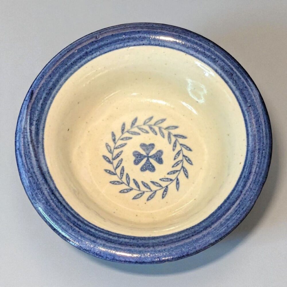 Brinker Pots Pottery Bowl Lucky Clover Blue Band Vintage 1996 5.5"